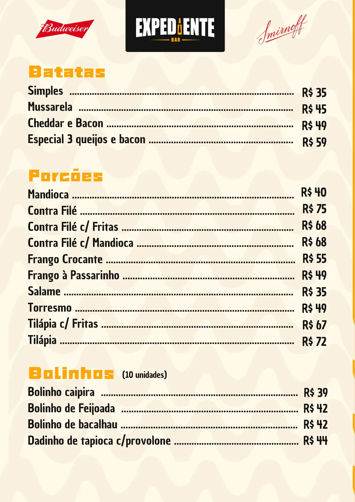 Cardápio – batatas, porções e bolinhos